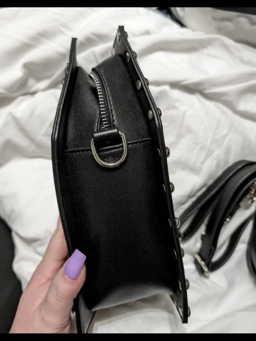 Dolls Kill Black Quilted Coffin Crossbody Bag with Studs